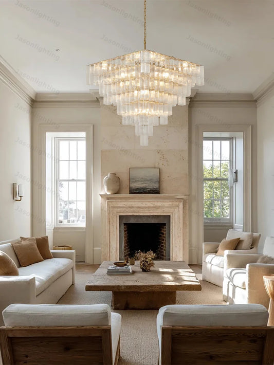 Geometric Clear Blue Glass Art Gold Silver Chandelier