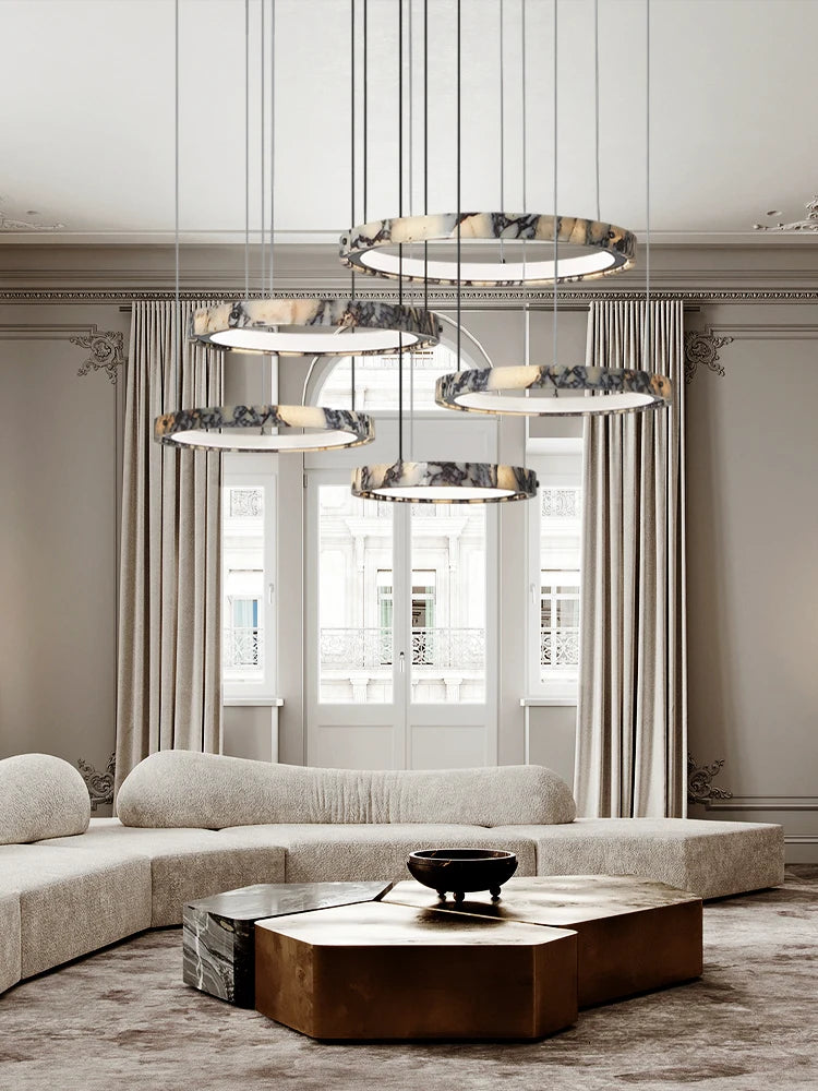 5-Ring Natural Marble Gold Chrome Dimmable LED Chandelier