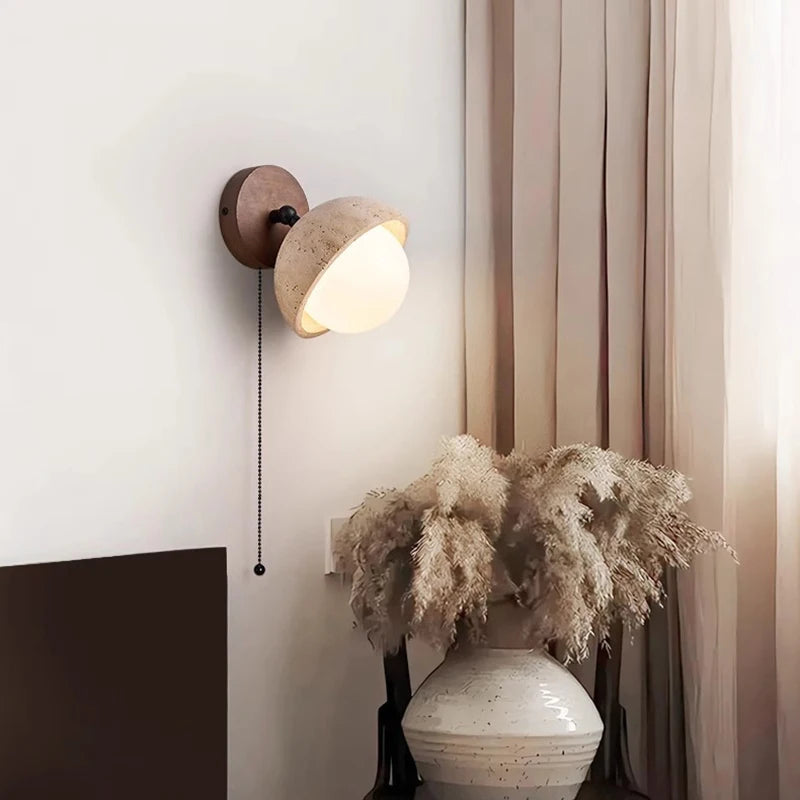 Dark Wood Base LED Wall Lamp Real Stone Vintage Sconce