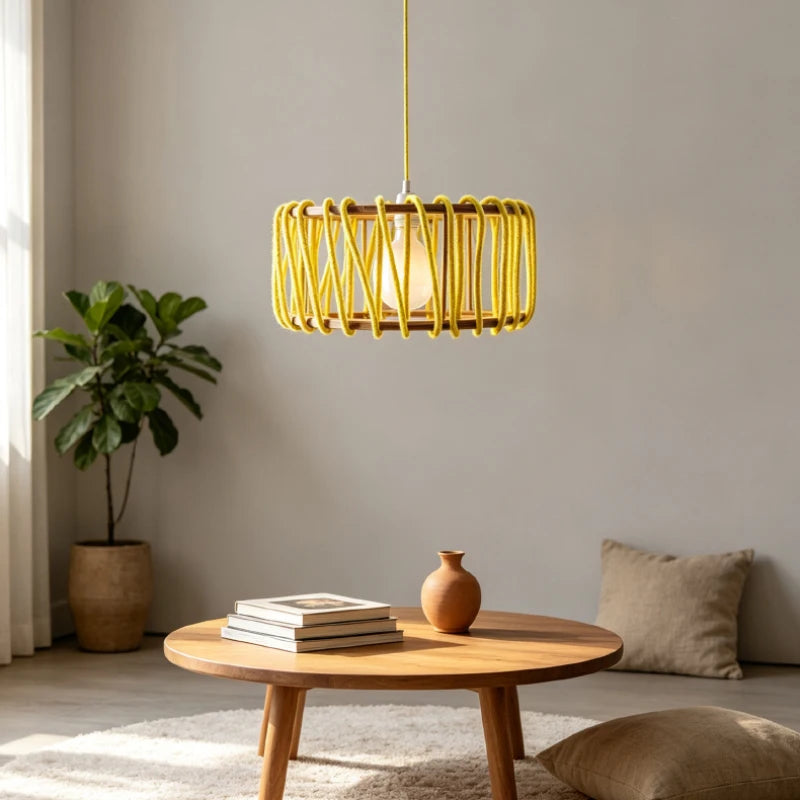 Creative White Red Yellow Rope Pendant Light E27 Bulb Wood