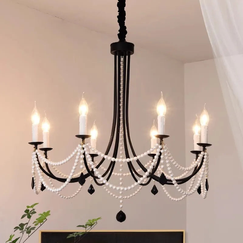 American Retro Candle Chandelier Living Room Black Metal E14