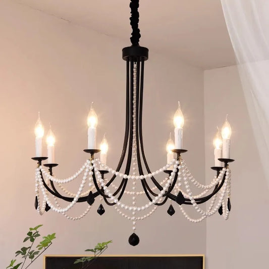 American Retro Candle Chandelier Living Room Black Metal E14