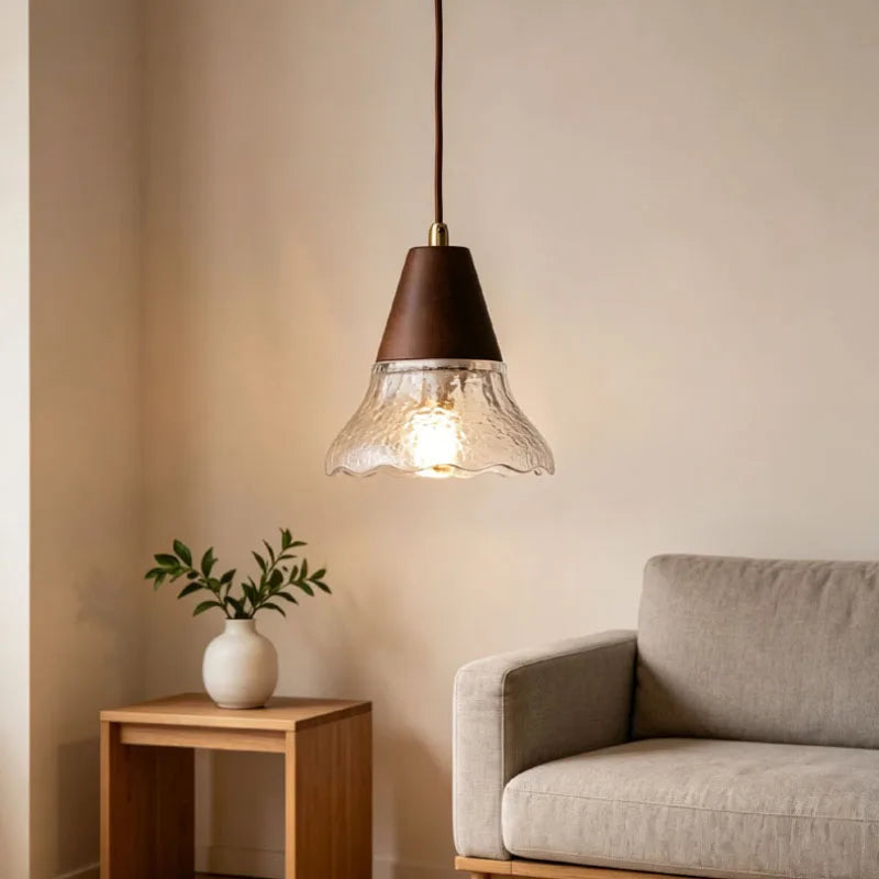 Glass Pendant Lamp Brown Wood