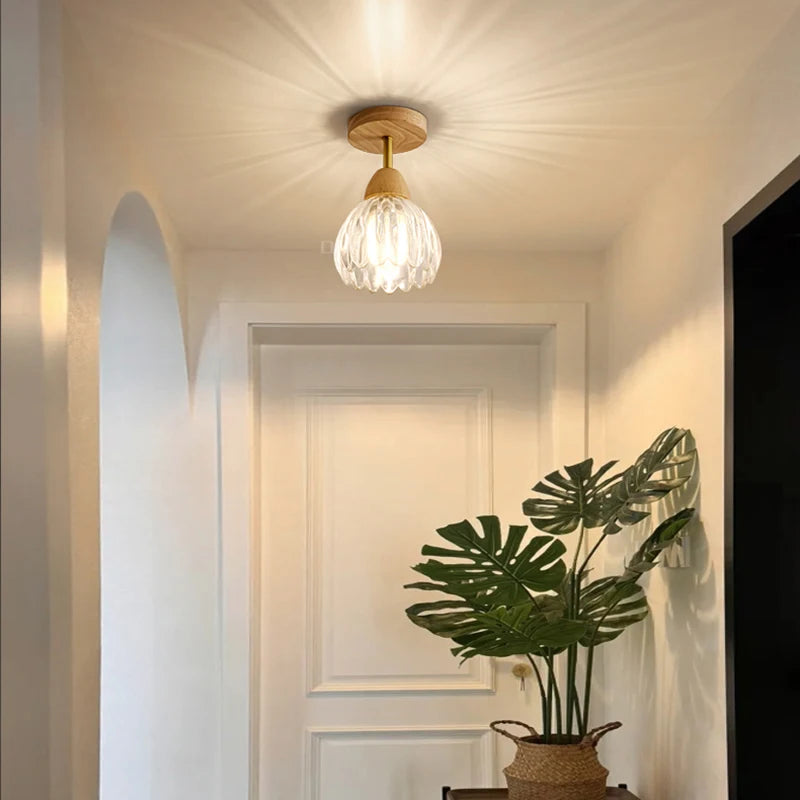 Clear Glass Ceiling Light Wood E27 Bulb