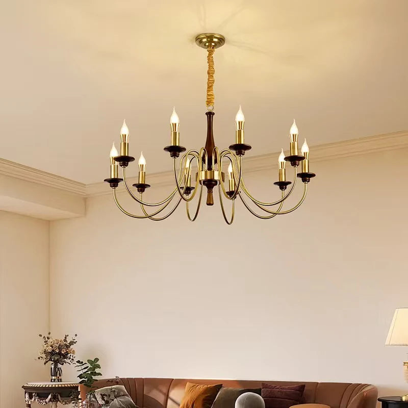 American Retro Candle Chandelier Living Room Solid Wood Iorn
