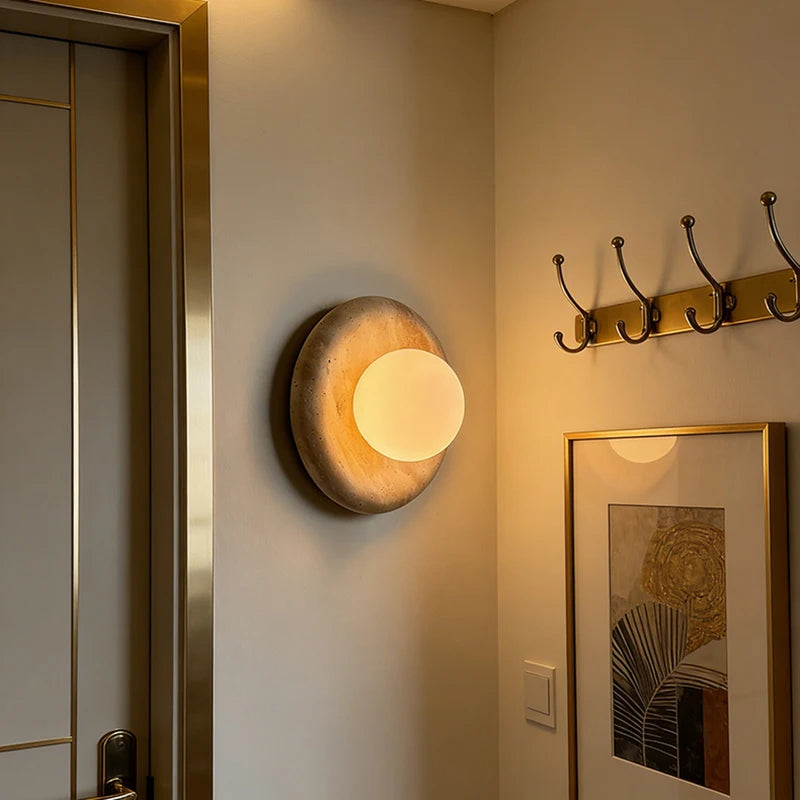 Round Real Stone Wall Light White Glass G9 Bulb Indoor