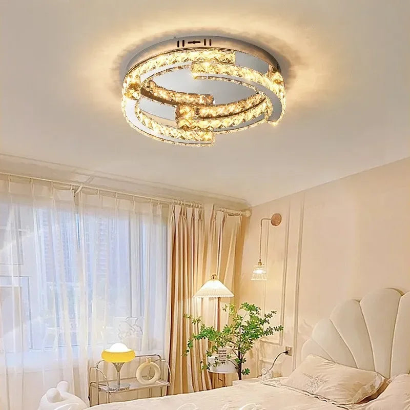 Crystal LED Ceiling Lamp Foyer Shiny Steel Luminaires