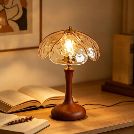Brown Wood Desk Lamp Glass Lampshade