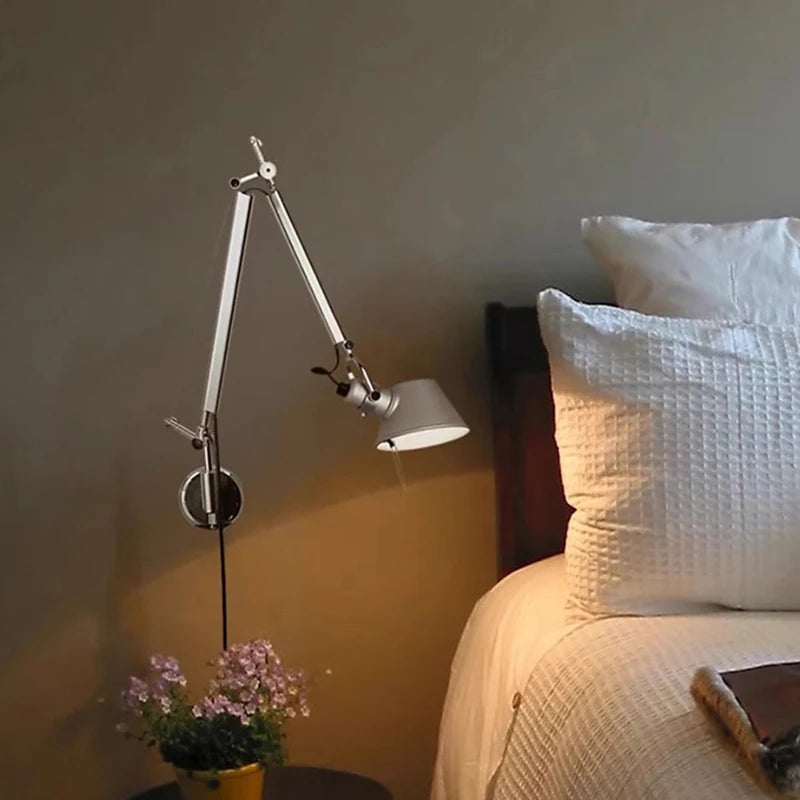 Long Arm Wall Lamp Silver Black Metal E27 Bulb Switch