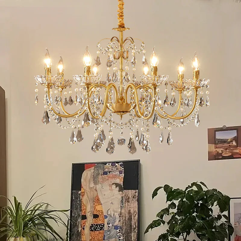 European Crystal E14 Chandelier French Gold Candle Pendant