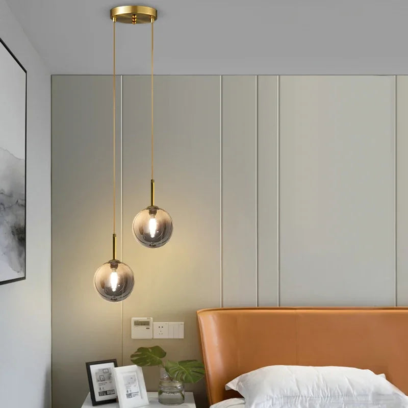 LED Bedside Pendant Light White Smoke Gray Glass Ball