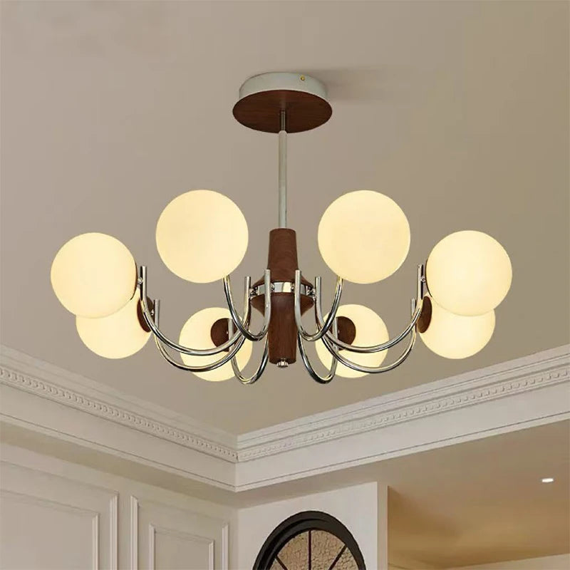 Glass Globe E27 Chandelier Living Room Wood Pendant