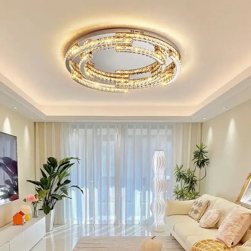 Crystal LED Ceiling Lamp Foyer Shiny Steel Luminaires