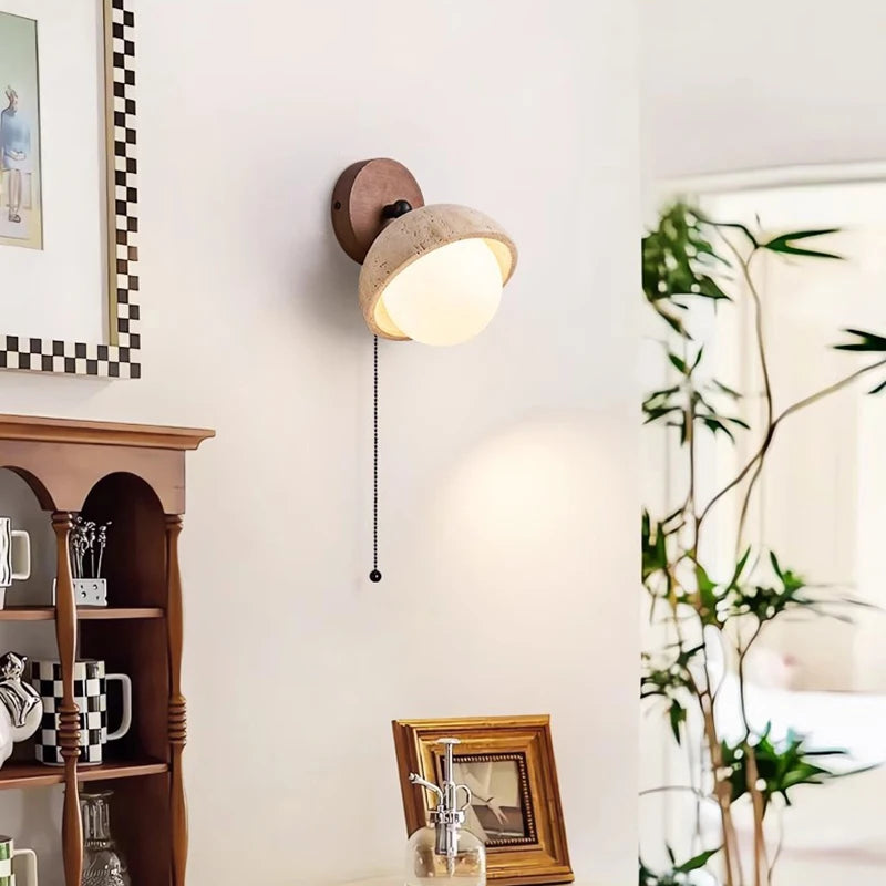Dark Wood Base LED Wall Lamp Real Stone Vintage Sconce