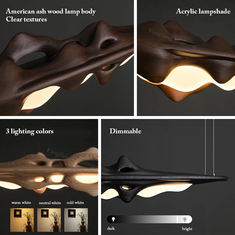 Solid Ash Wood LED Pendant Lights Dimmable Remote Control