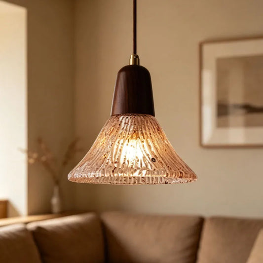 Creative Glass Pendant Light E27 Bulb With Brown Wood