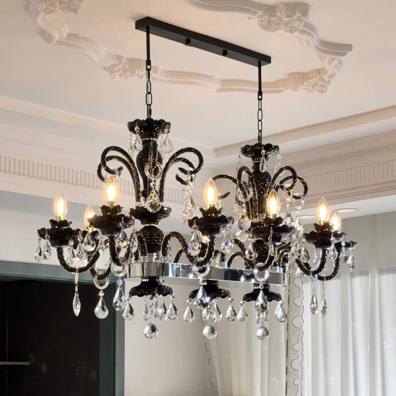 French Black Glass Chandelier Living Room Candle E14 Pendant
