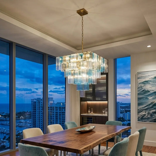 Blue Ocean Geometric Glass Cube Gold Chrome Chandelier