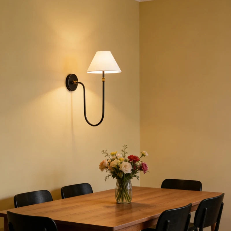 American White Cloth Lampshade Black Metal Sconce E14 Bulb