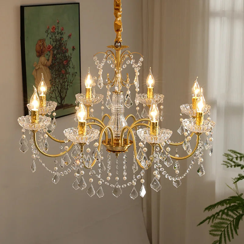 European Crystal E14 Chandelier French Gold Candle Pendant