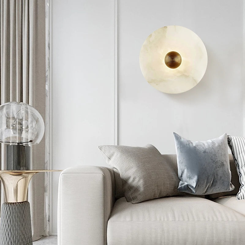 Natural Marble LED Wall Lamp Round Shape Gold Metal Free