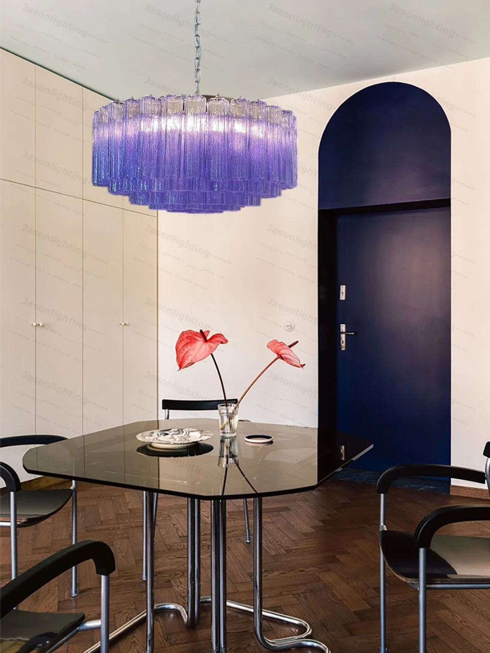 Home French Glass Art Round Dimmable LED Chandelier