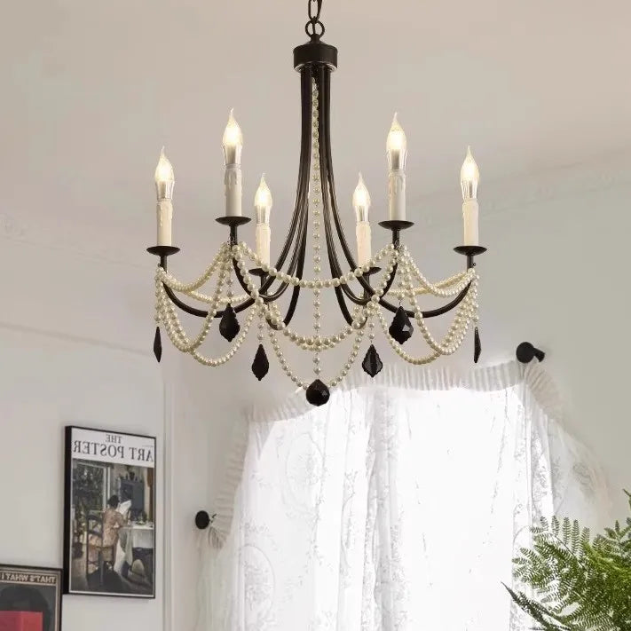 American Retro Candle Chandelier Living Room Black Metal E14