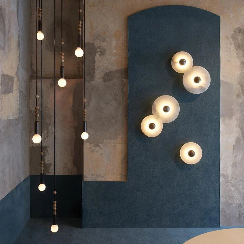 Natural Marble LED Wall Lamp Round Shape Gold Metal Free