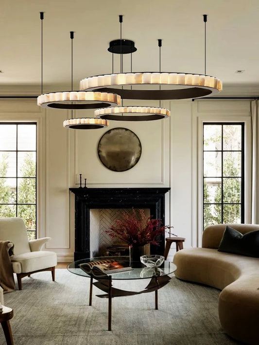 1-4 Layer Marble Ring Black Chrome Gold Chandelier Dimmable