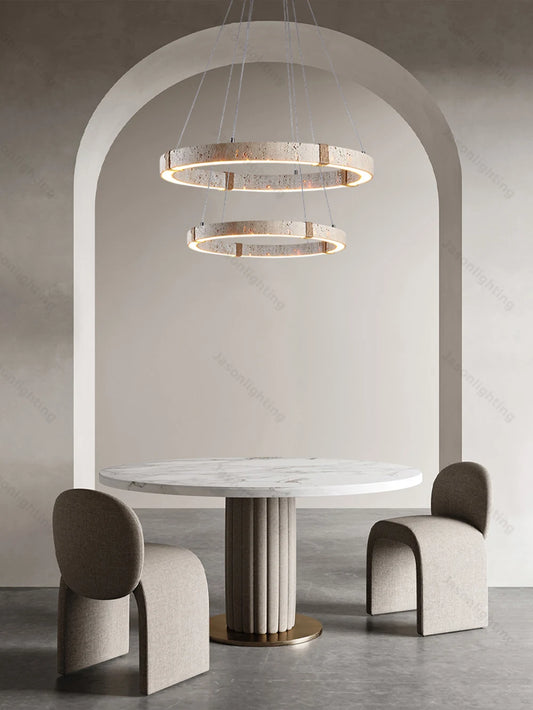 Home Wood Stone Ring LED Chandelier Crafted From Natural