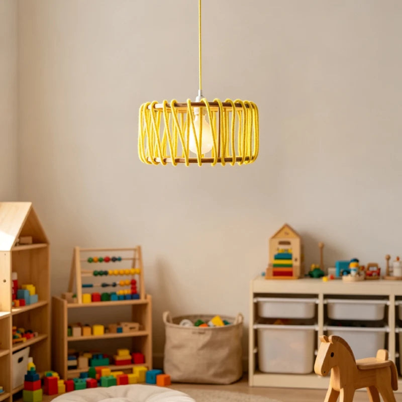 Creative White Red Yellow Rope Pendant Light E27 Bulb Wood