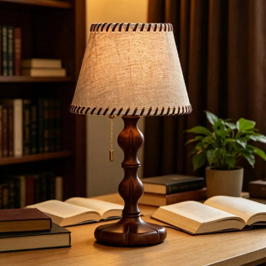 Art Wood Base Table Lamp Cloth Lampshade E27 Bulb