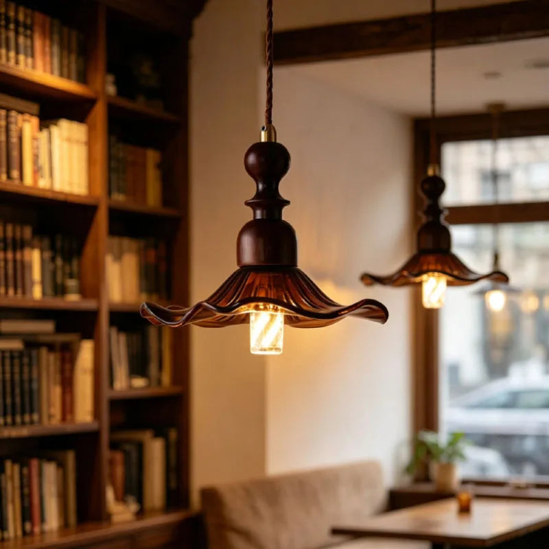 Glass Pendant Lamp Brown Wood