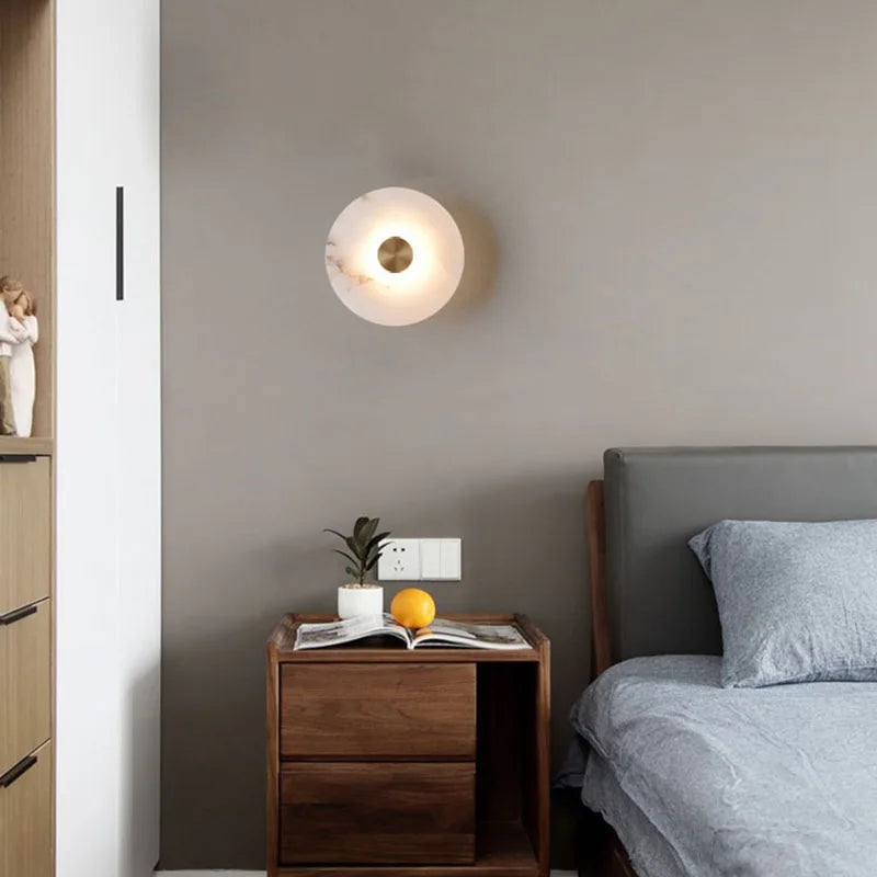 Art Deco Round LED Wall Sconce Natural Marble Brass