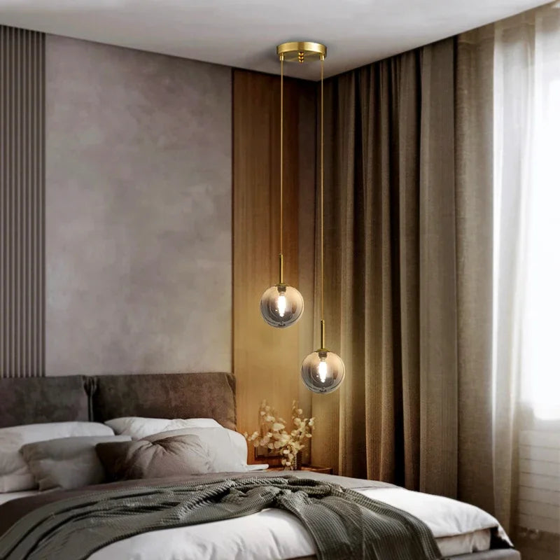 LED Bedside Pendant Light White Smoke Gray Glass Ball