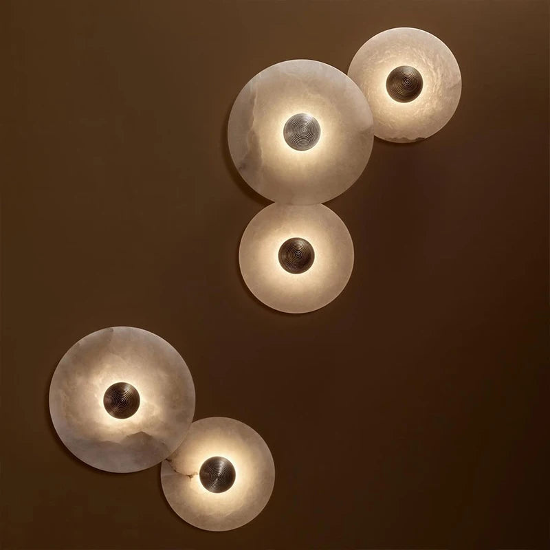 Natural Marble LED Wall Lamp Round Shape Gold Metal Free