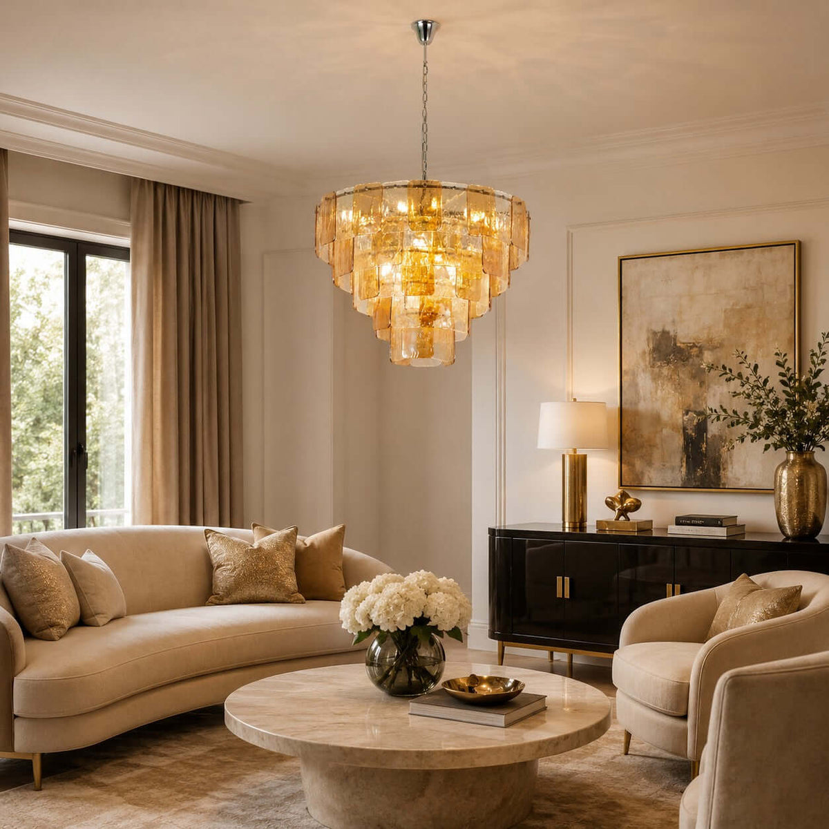 Layered Amber Glass Sculptural Chandelier