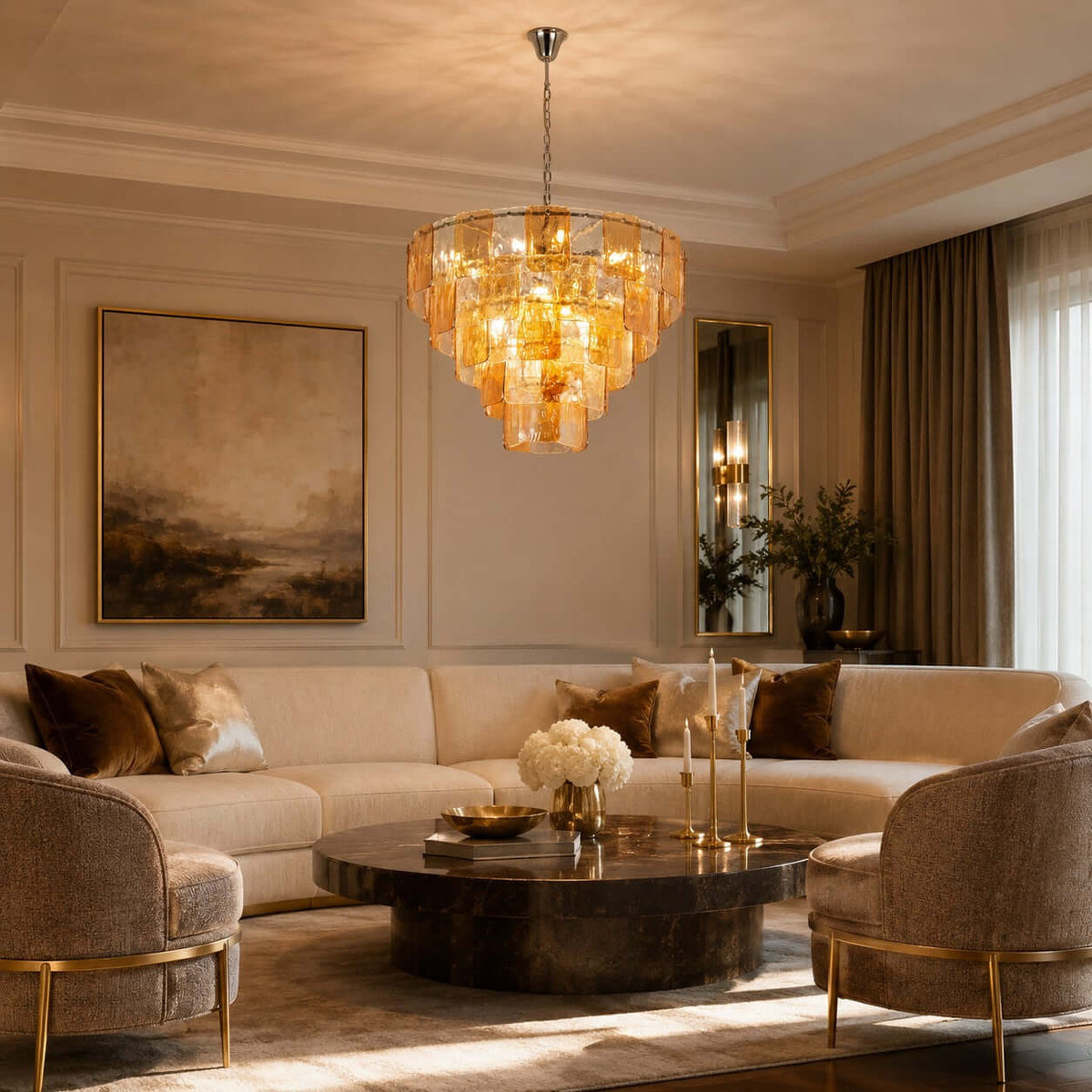 Layered Amber Glass Sculptural Chandelier – Glass detail 3