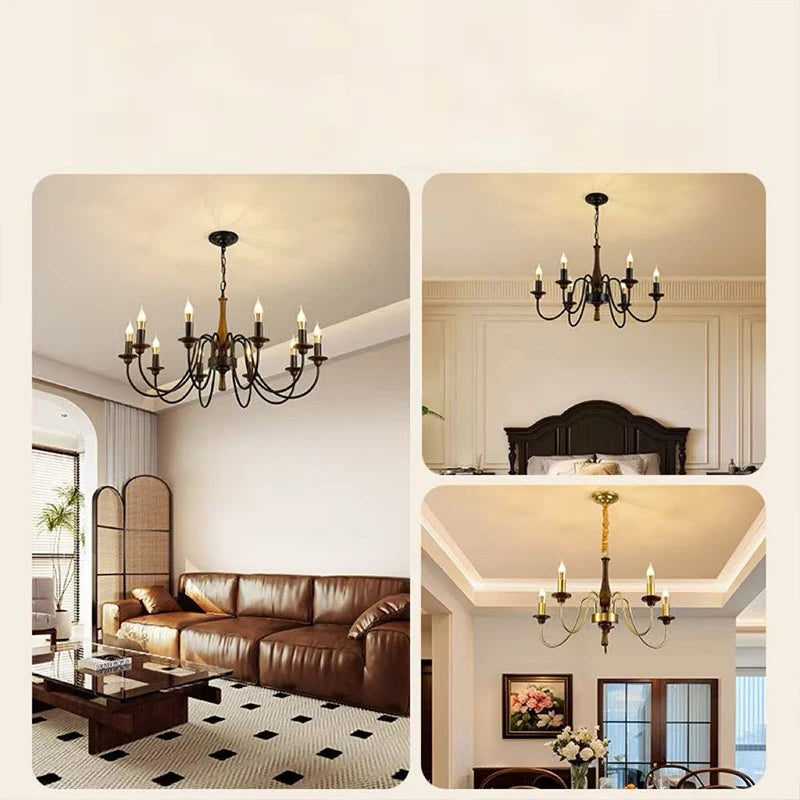 American Retro Candle Chandelier Living Room Solid Wood Iorn