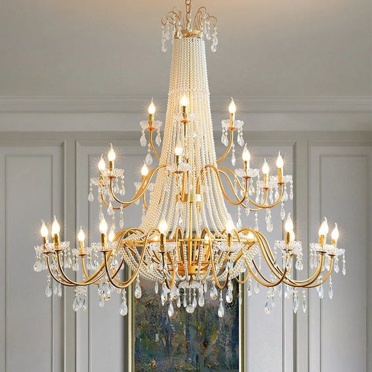 French Candle E14 Chandelier Villa Stairs Pearl Crystal