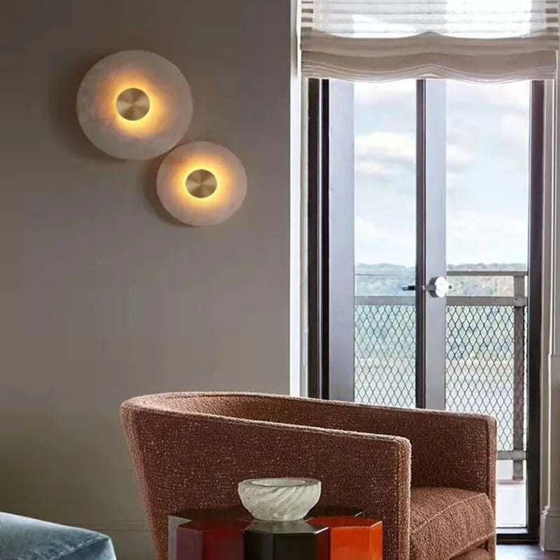 Art Deco Round LED Wall Sconce Natural Marble Brass