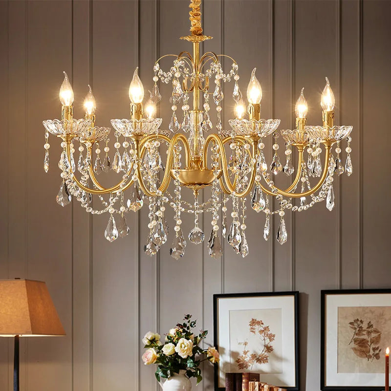 European Crystal E14 Chandelier French Gold Candle Pendant