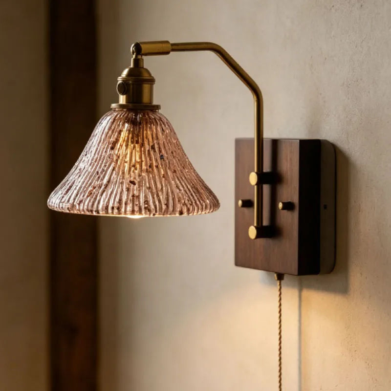 Vintage Glass Wall Light Home Art Wood Base Switch