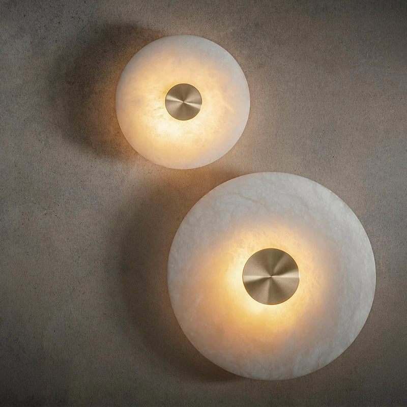 Art Deco Round LED Wall Sconce Natural Marble Brass