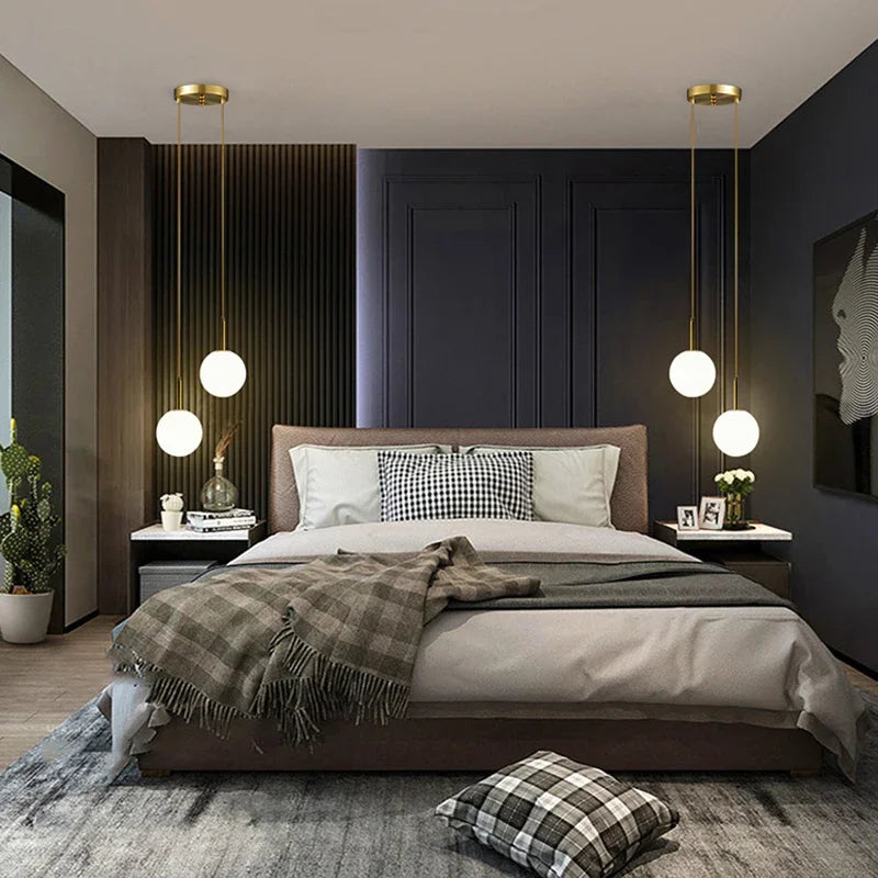 LED Bedside Pendant Light White Smoke Gray Glass Ball