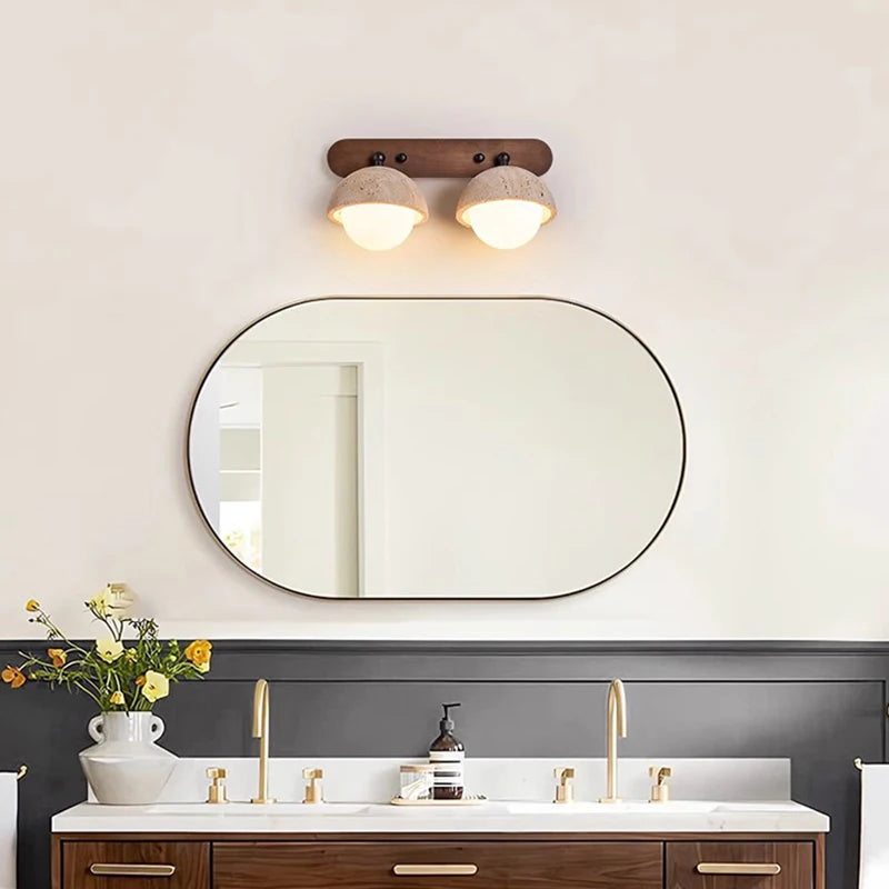 Dark Wood Base LED Wall Lamp Real Stone Vintage Sconce