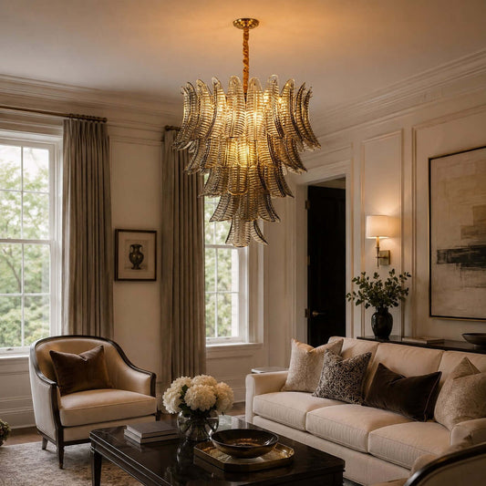 Murano Layered Smoke Gray Glass Leaf Chandelier
