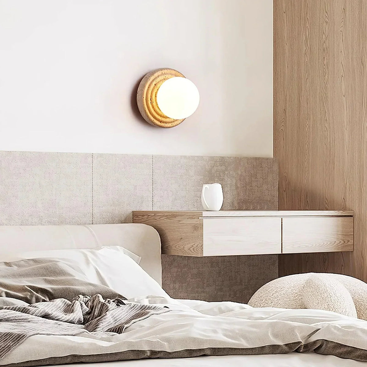 Travertine Elira Round Minimalist Wall Sconce – Travertine detail 4