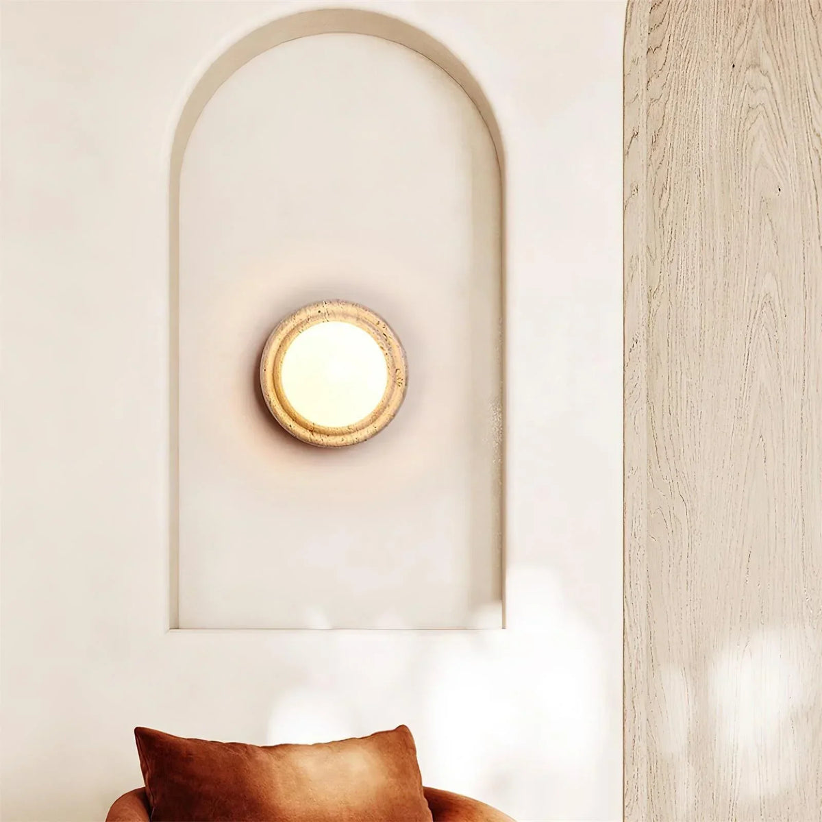 Travertine Elira Round Minimalist Wall Sconce – Travertine detail 8