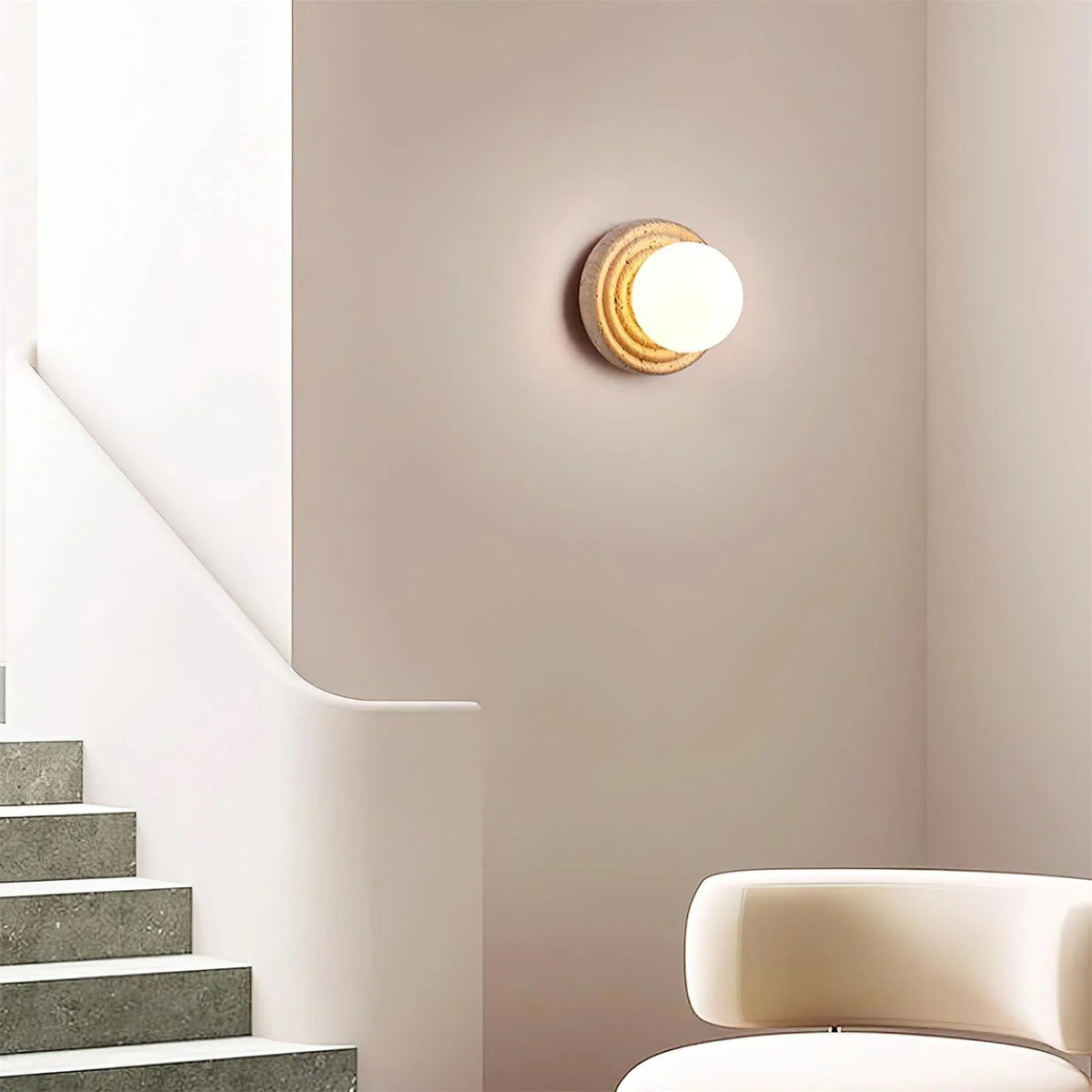 Travertine Elira Round Minimalist Wall Sconce – Travertine detail 6